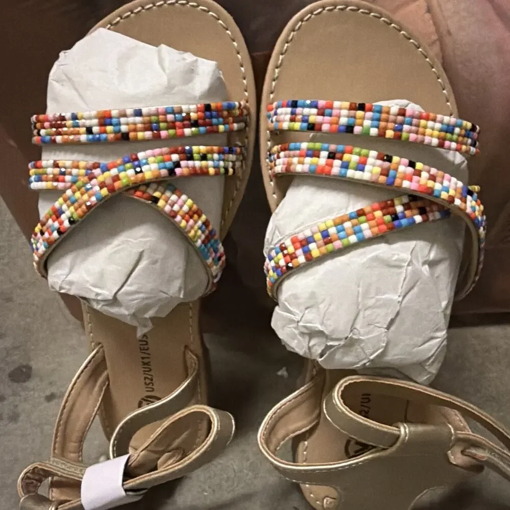 Girls Ankle Strap Flat Beaded Gladiator Sandals Girls 1 New